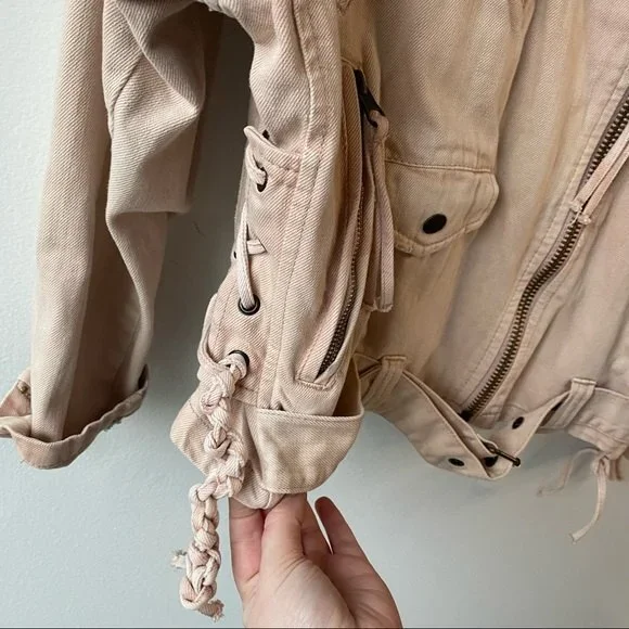 free people pink denim zip up moto jacket size s small - Picture 7 of 9